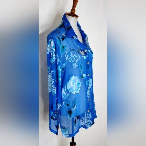 SHEER CUT VELVET BLUE ROSES BLOUSE - Picture 5 of 12